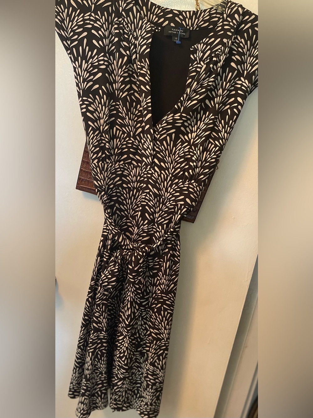 Tahari Brown & White Printed Midi Wrap Dress